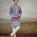 Beautiful Lavender Art Silk Embroidered Kurta Pajama Set for Men