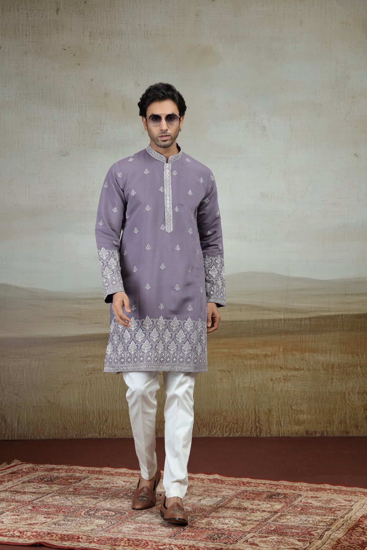 Beautiful Lavender Art Silk Embroidered Kurta Pajama Set for Men