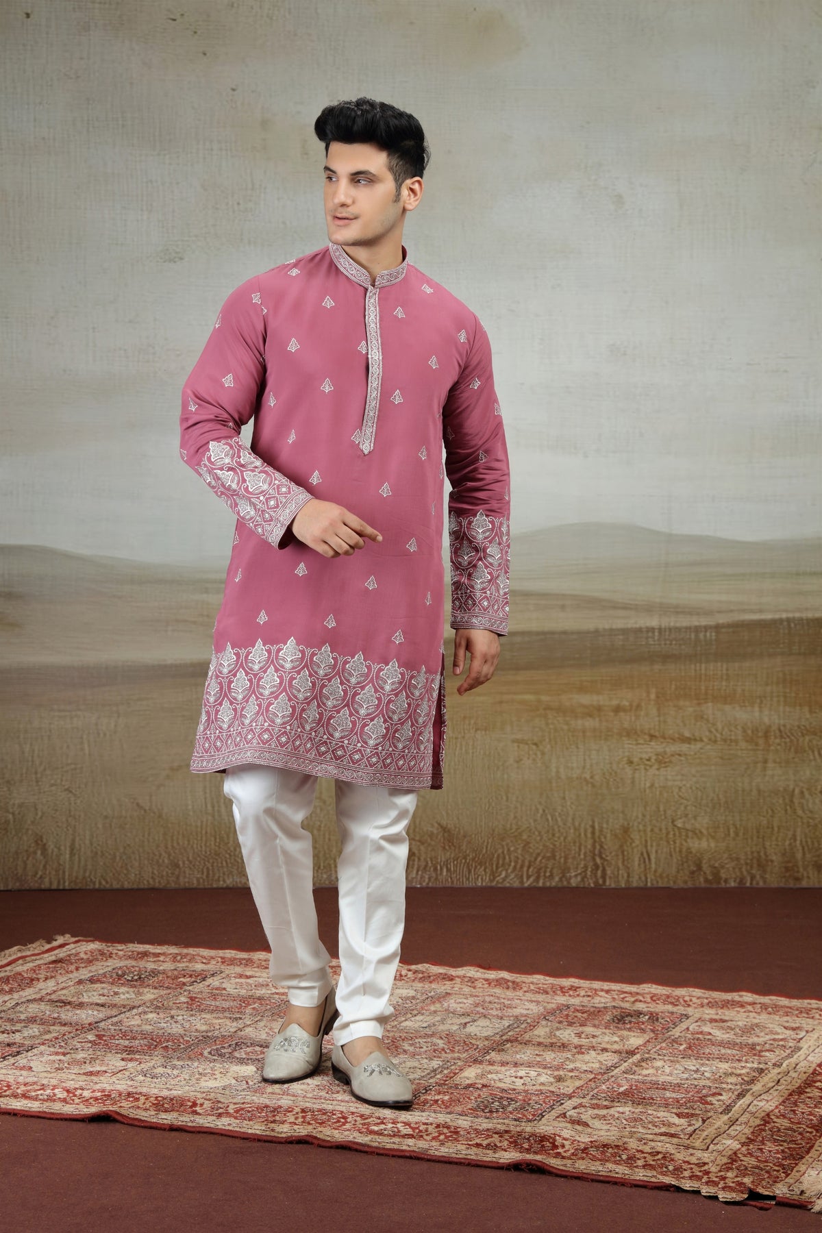 Lovely Rose Pink Art Silk Embroidered Kurta Pajama Set for Men