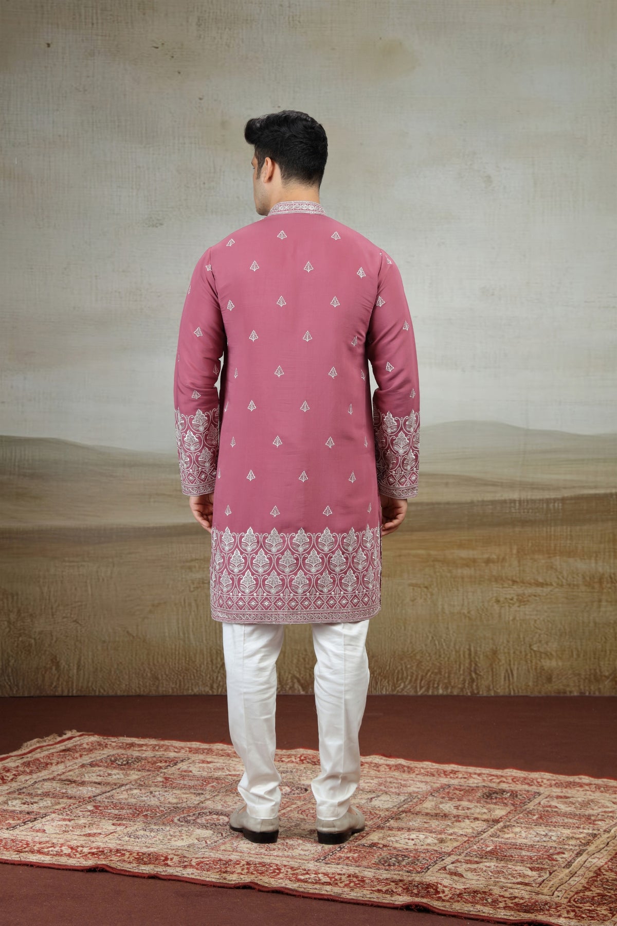 Lovely Rose Pink Art Silk Embroidered Kurta Pajama Set for Men
