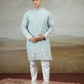Adorable Aqua Blue Art Silk Embroidered Kurta Pajama Set for Men