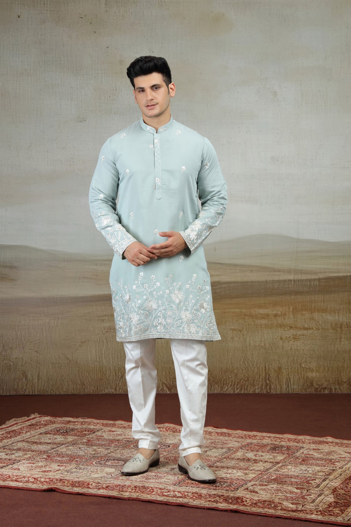 Adorable Aqua Blue Art Silk Embroidered Kurta Pajama Set for Men