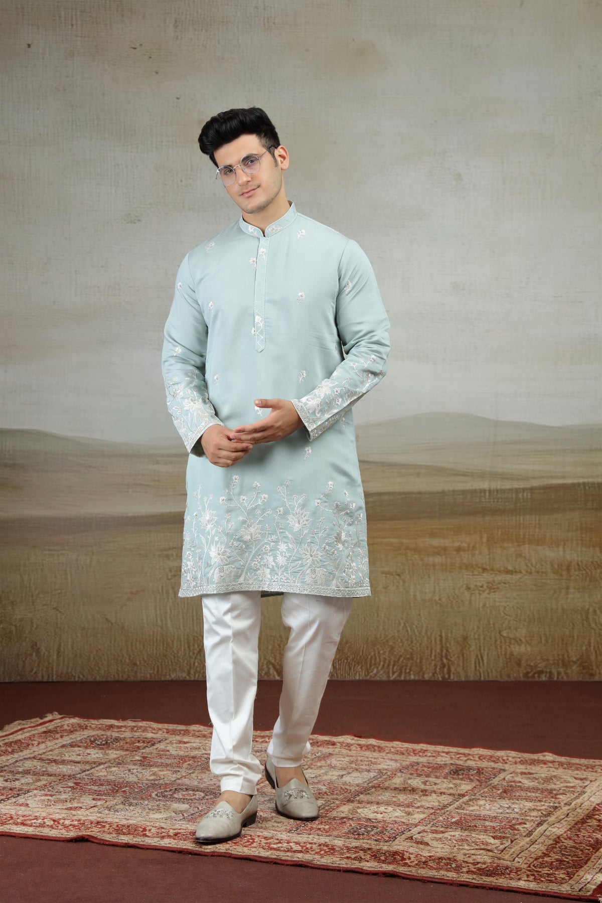 Adorable Aqua Blue Art Silk Embroidered Kurta Pajama Set for Men