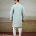Adorable Aqua Blue Art Silk Embroidered Kurta Pajama Set for Men