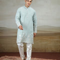 Adorable Aqua Blue Art Silk Embroidered Kurta Pajama Set for Men