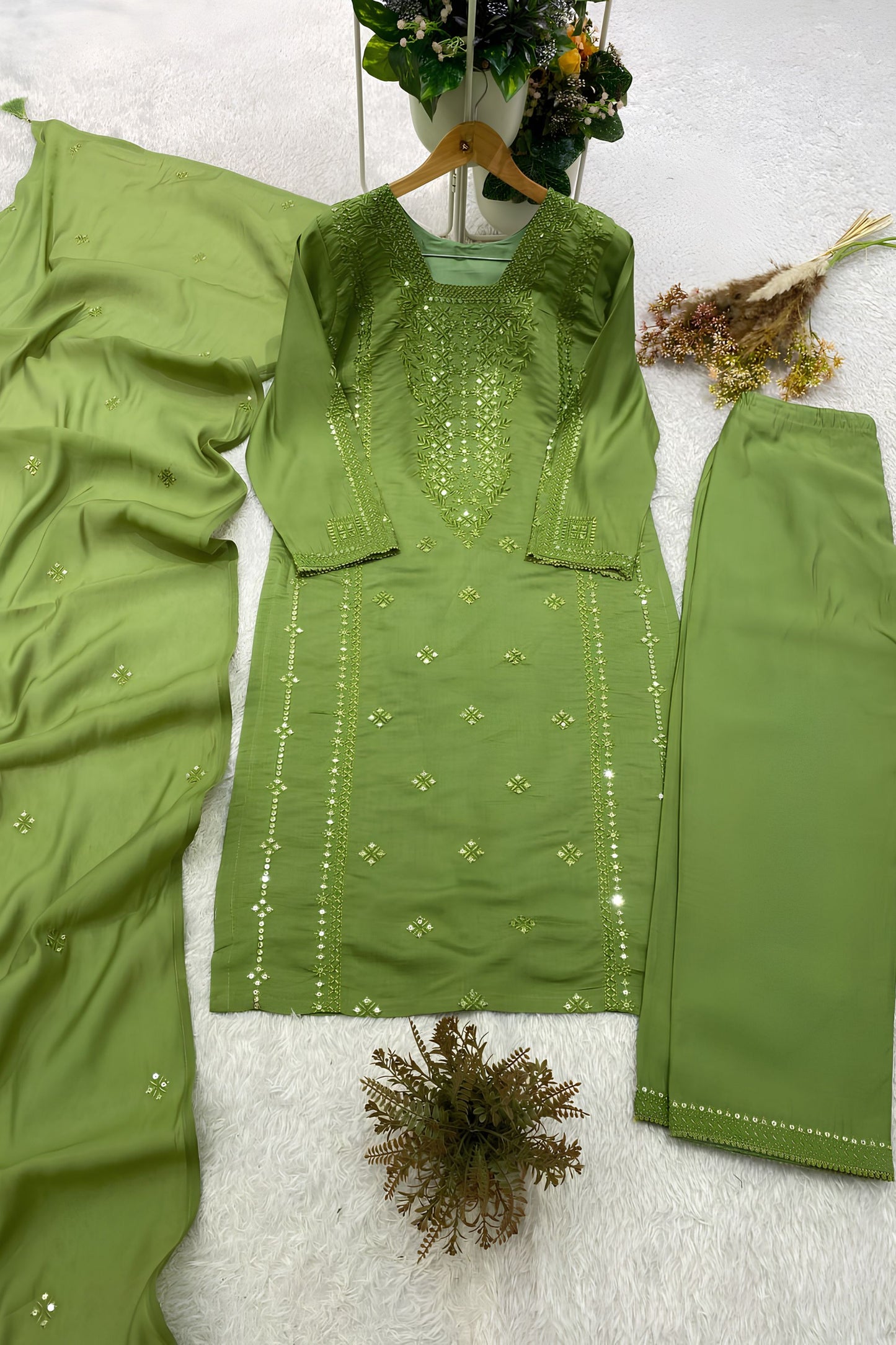 Graceful Olive Green Roman Silk Sequin Embroidery Work Kurta Pant Set for Women