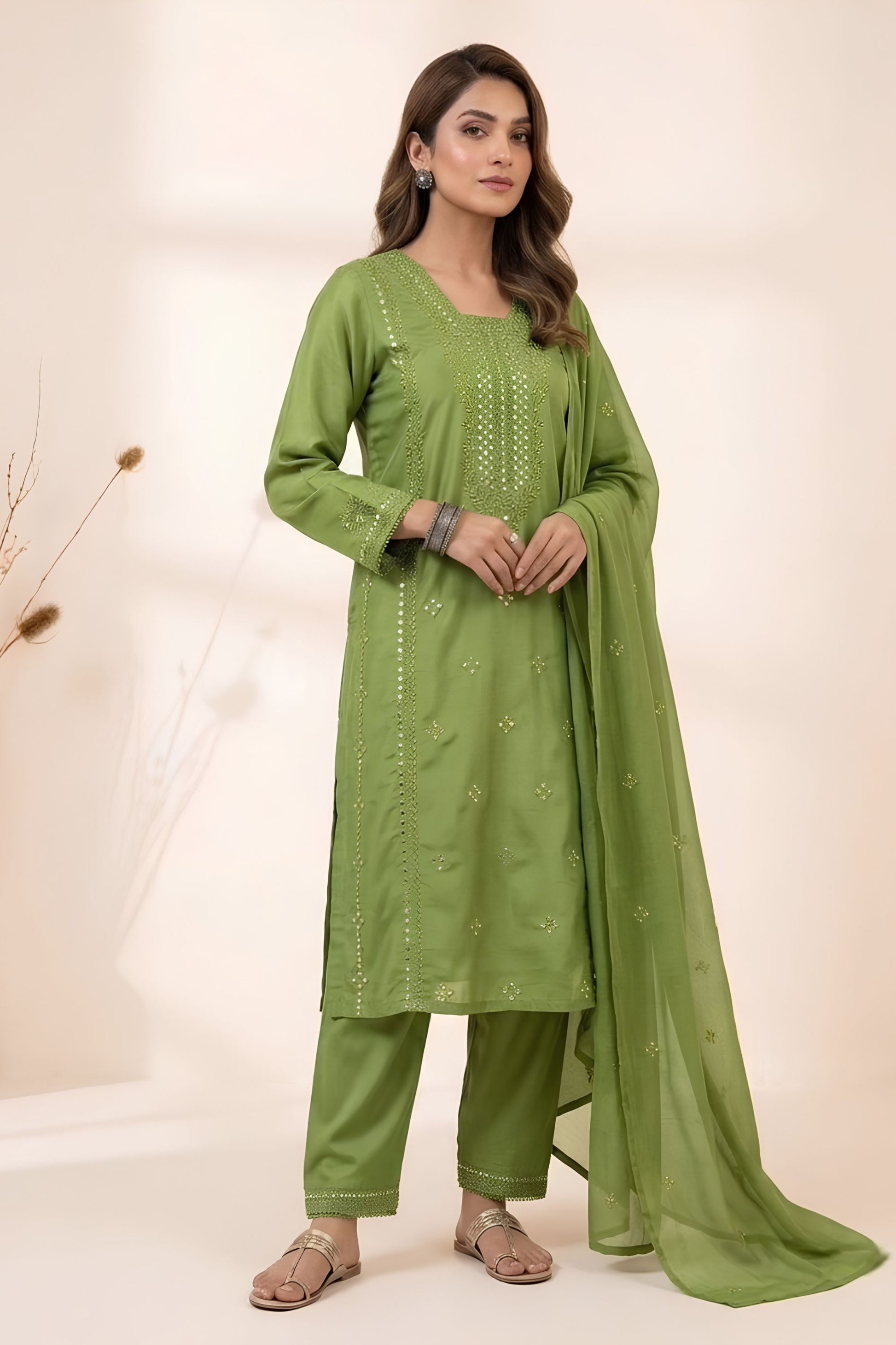 Graceful Olive Green Roman Silk Sequin Embroidery Work Kurta Pant Set for Women