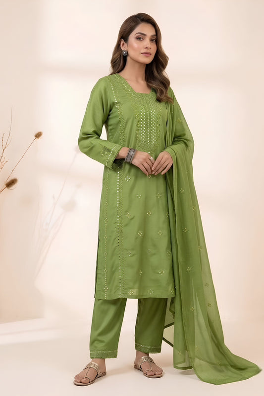 Graceful Olive Green Roman Silk Sequin Embroidery Work Kurta Pant Set for Women