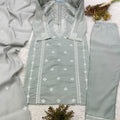 Elegant Grey Roman Silk Sequin Embroidery Work Kurta Pant Set for Women