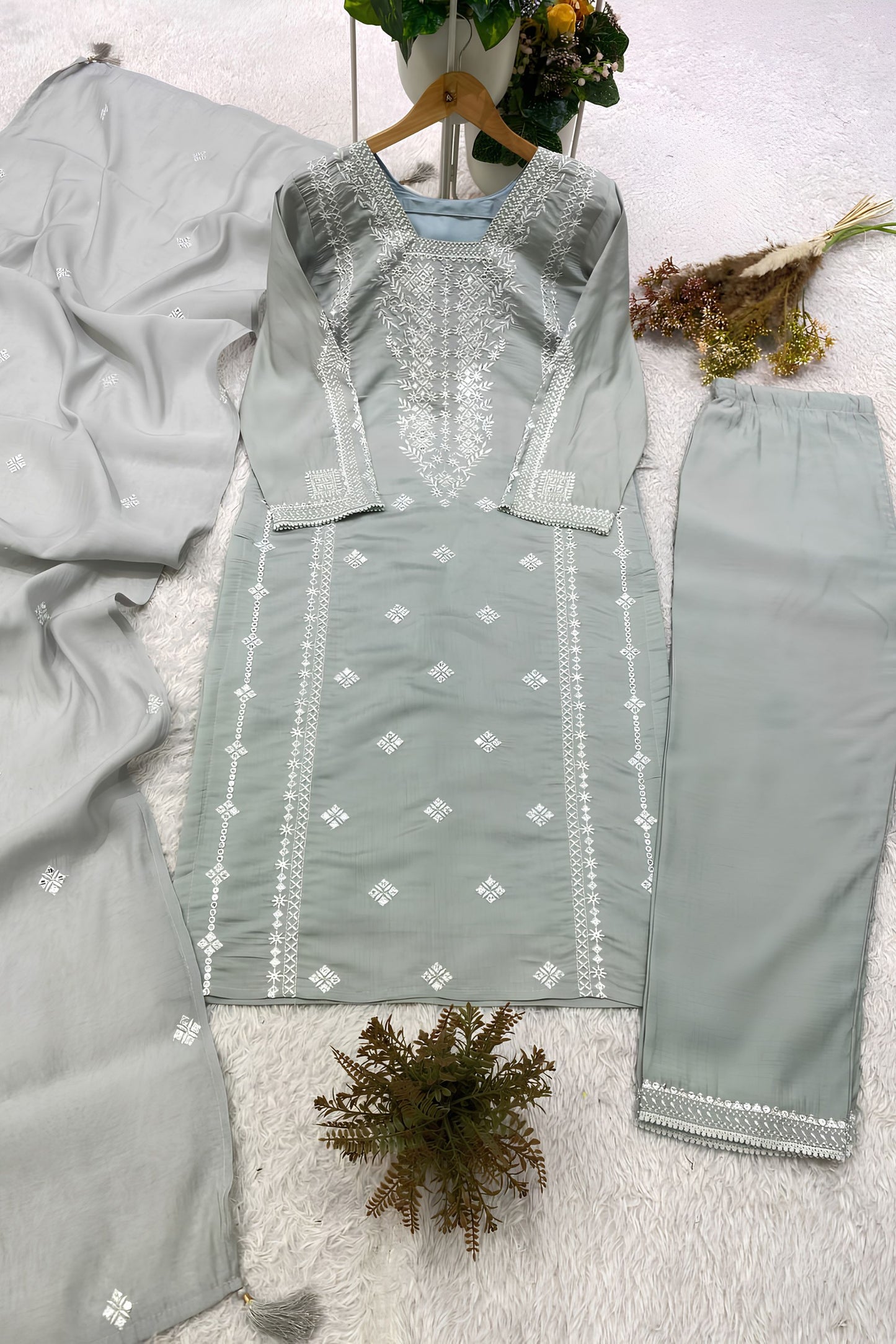 Elegant Grey Roman Silk Sequin Embroidery Work Kurta Pant Set for Women