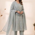 Elegant Grey Roman Silk Sequin Embroidery Work Kurta Pant Set for Women