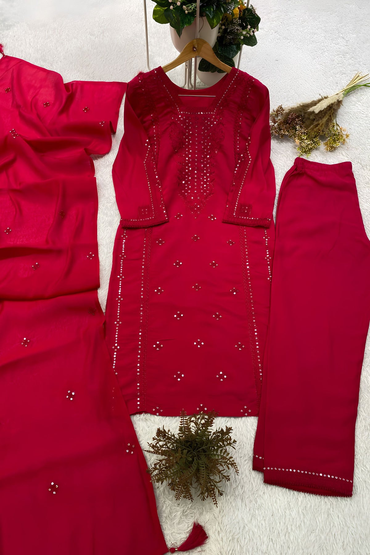 Beautiful Rani Pink Roman Silk Sequin Embroidery Work Kurta Pant Set for Women
