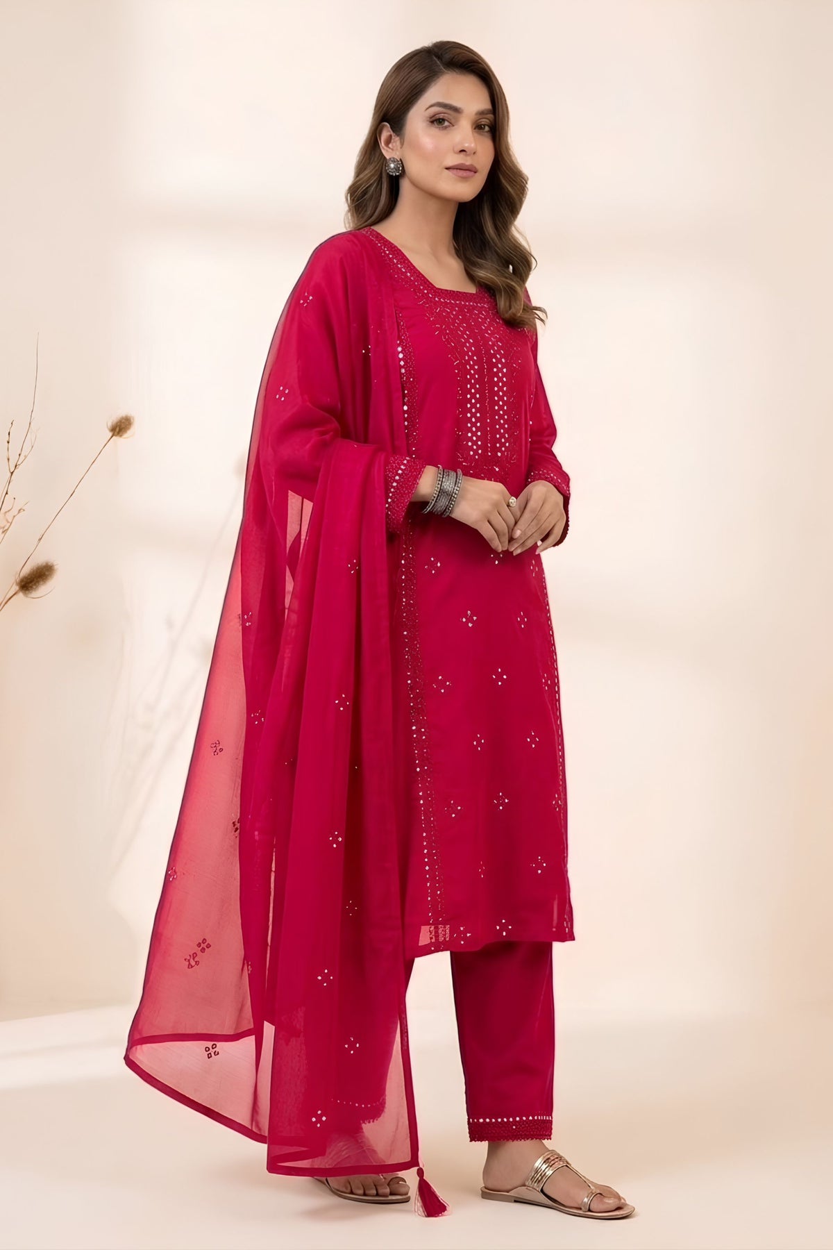Beautiful Rani Pink Roman Silk Sequin Embroidery Work Kurta Pant Set for Women
