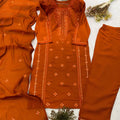 Lovely Rust Orange Roman Silk Sequin Embroidery Work Kurta Pant Set for Women