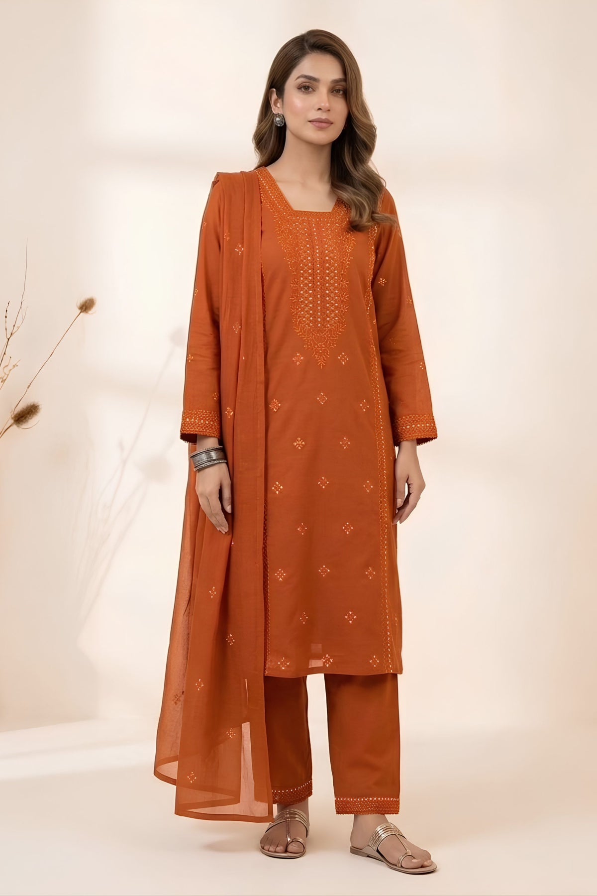 Lovely Rust Orange Roman Silk Sequin Embroidery Work Kurta Pant Set for Women