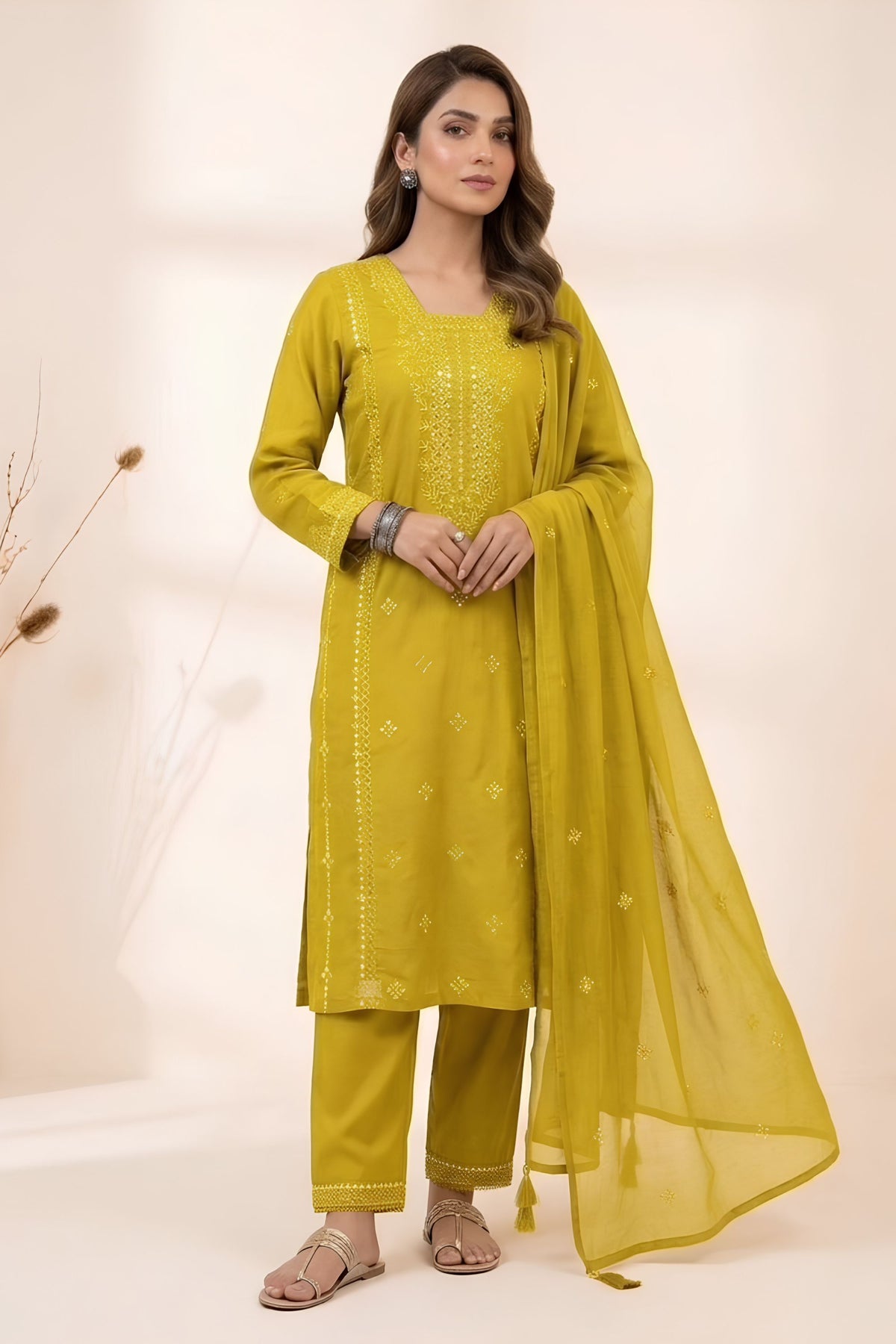 Grateful Lime Yellow Roman Silk Sequin Embroidery Work Kurta Pant Set for Women