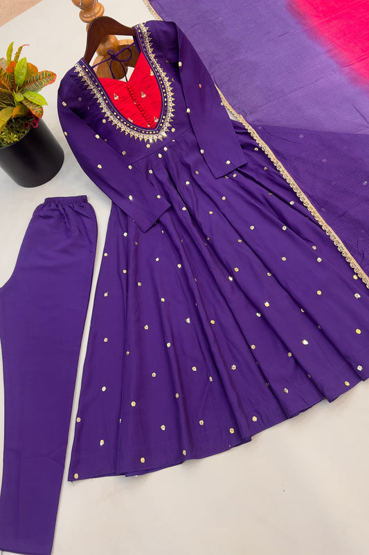 Elegant Purple Roman Silk Sequin Embroidery Anarkali Kurta Pant Set for Women