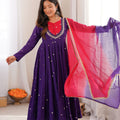 Elegant Purple Roman Silk Sequin Embroidery Anarkali Kurta Pant Set for Women