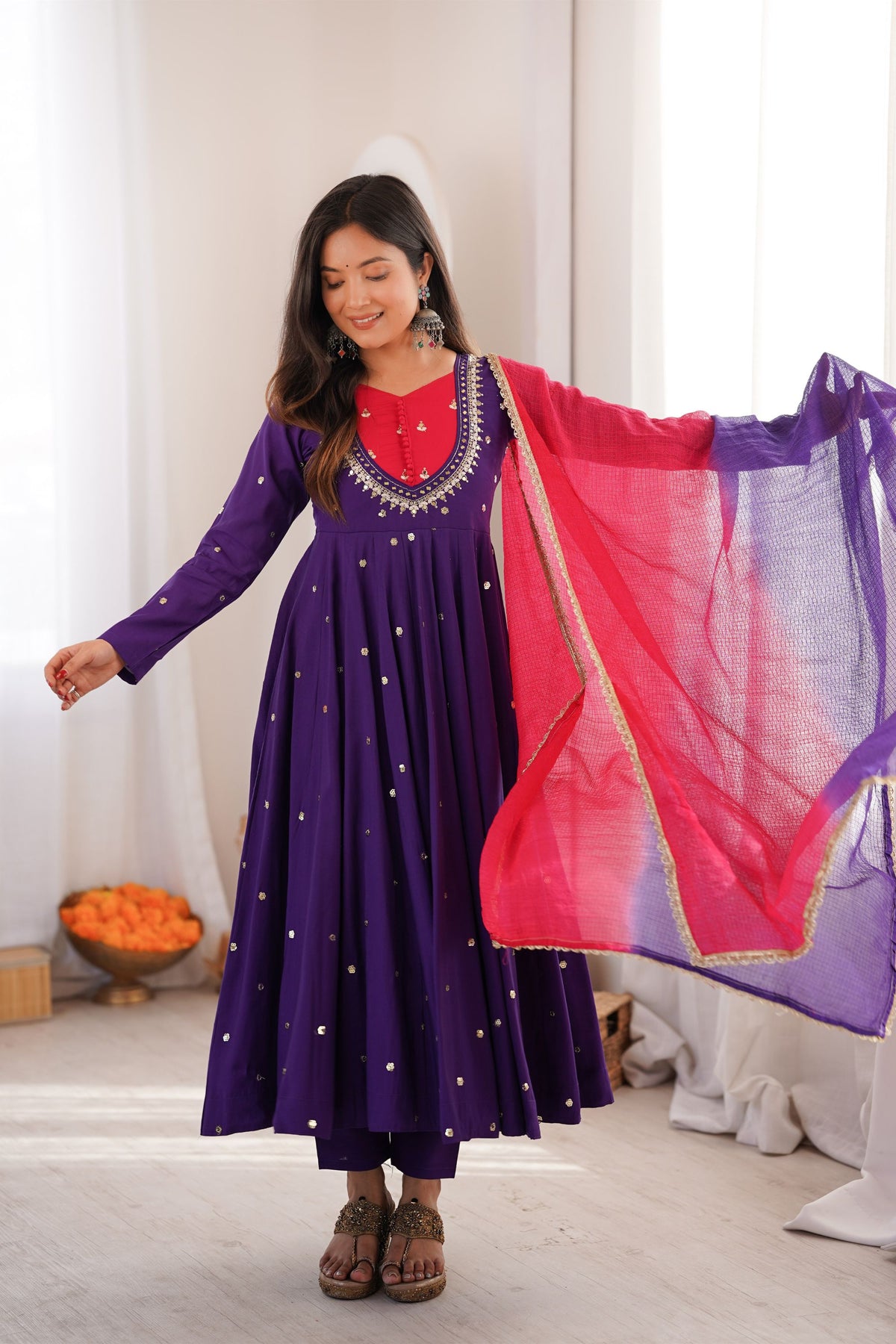 Elegant Purple Roman Silk Sequin Embroidery Anarkali Kurta Pant Set for Women