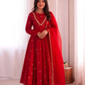 Lovely Red Roman Silk Sequin Embroidery Anarkali Kurta Pant Set for Women