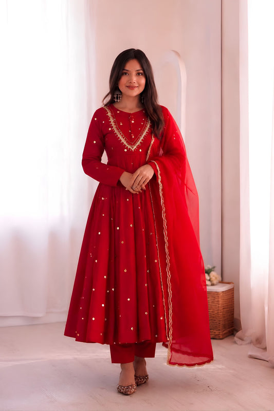 Lovely Red Roman Silk Sequin Embroidery Anarkali Kurta Pant Set for Women