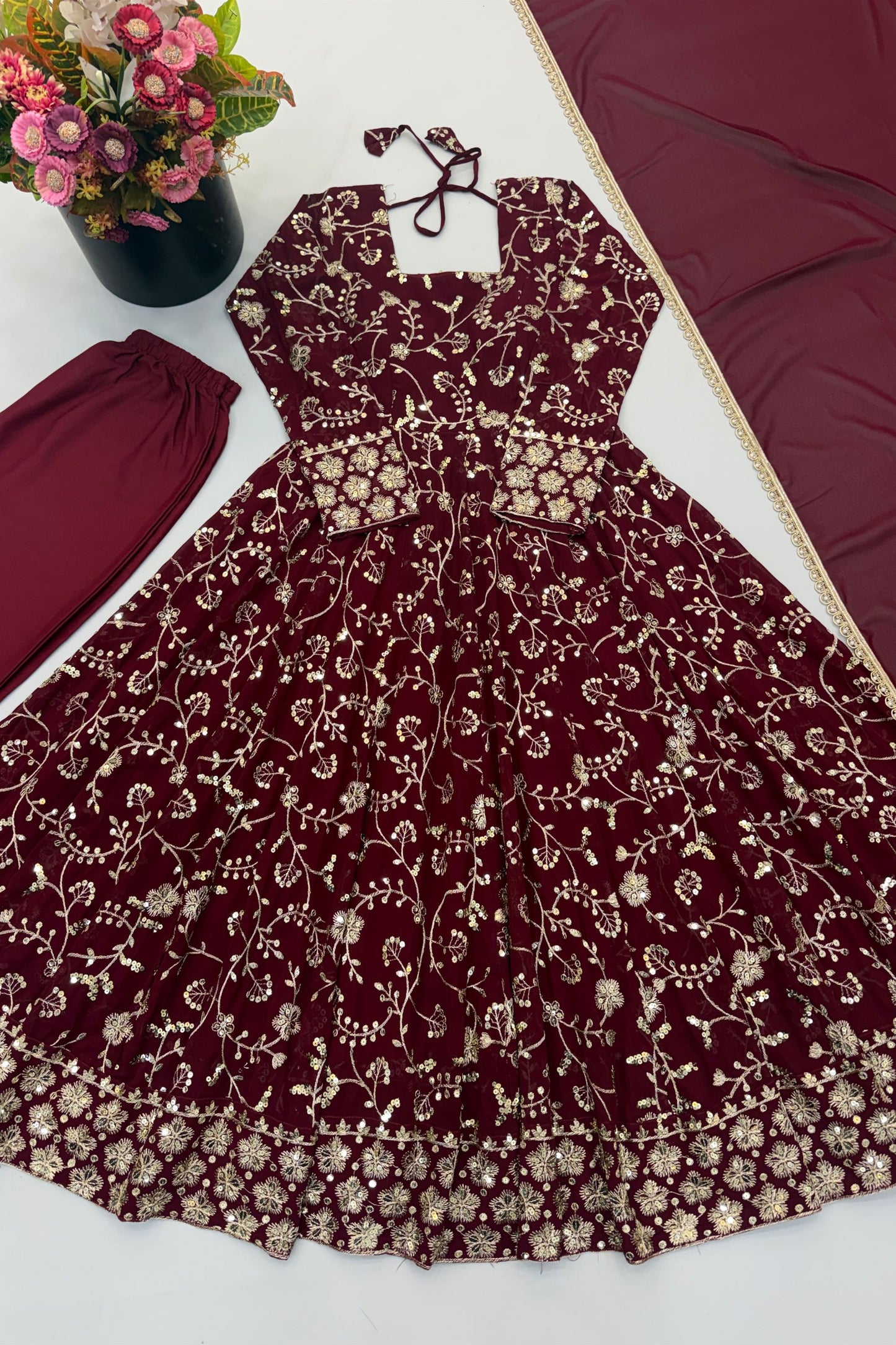Premium Maroon Faux Georgette Sequin Embroidery Work Anarkali Kurta Set for Women