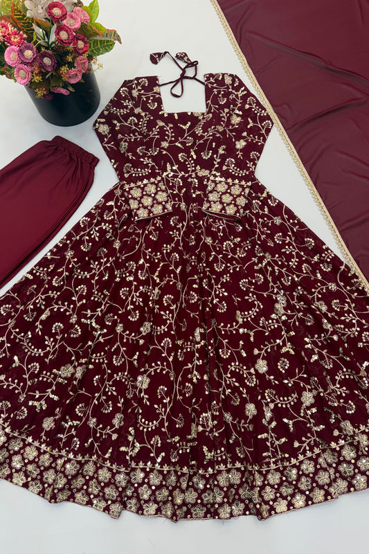 Premium Maroon Faux Georgette Sequin Embroidery Work Anarkali Kurta Set for Women