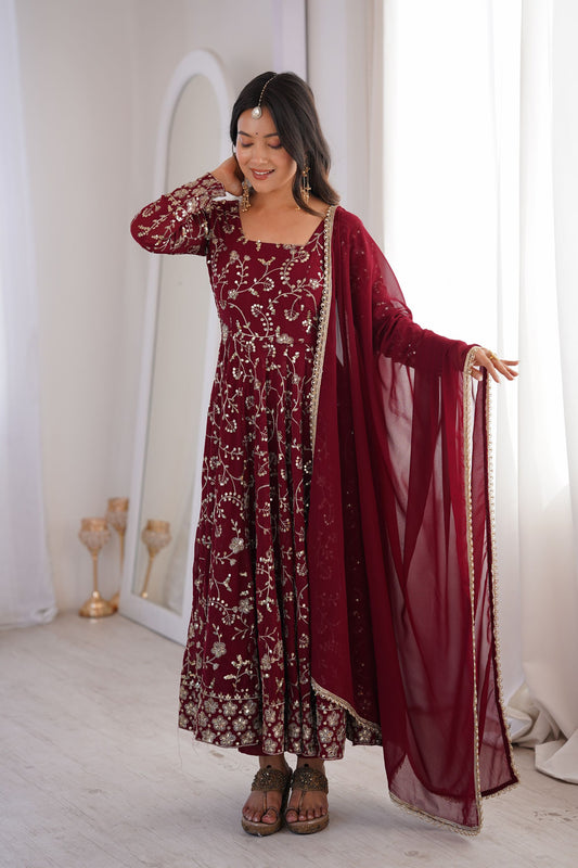 Premium Maroon Faux Georgette Sequin Embroidery Work Anarkali Kurta Set for Women