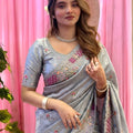 Elegant Grey Soft Tissue Silk Saree Embroidery Work for Women