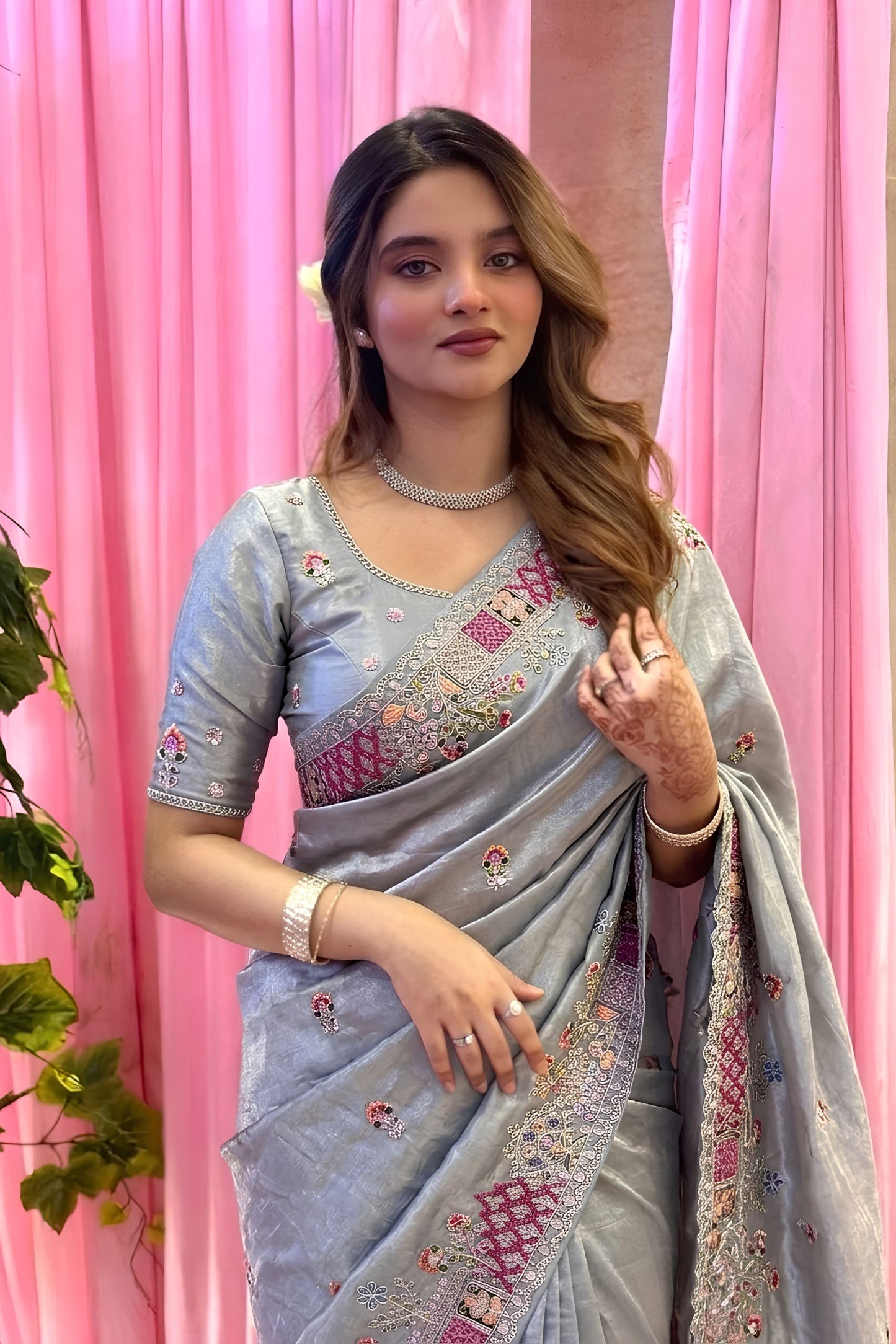 Elegant Grey Soft Tissue Silk Saree Embroidery Work for Women