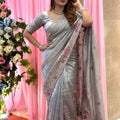 Elegant Grey Soft Tissue Silk Saree Embroidery Work for Women