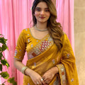 Premium Mustard Yellow Soft Tissue Silk Saree Heavy Embroidery for Women