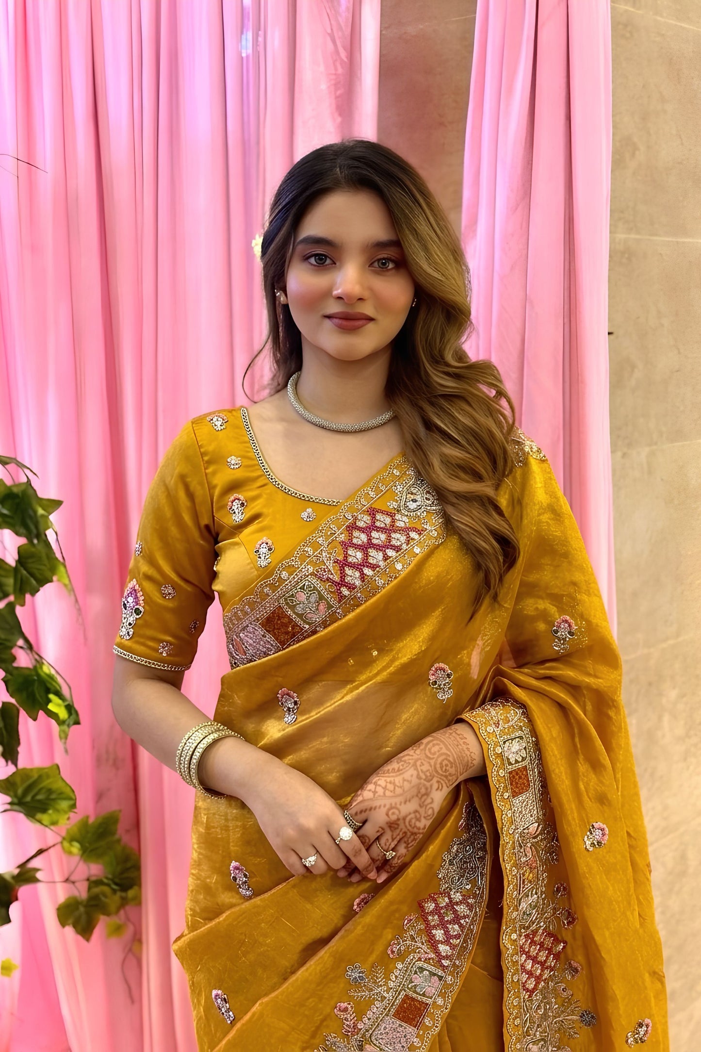 Premium Mustard Yellow Soft Tissue Silk Saree Heavy Embroidery for Women
