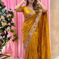 Premium Mustard Yellow Soft Tissue Silk Saree Heavy Embroidery for Women