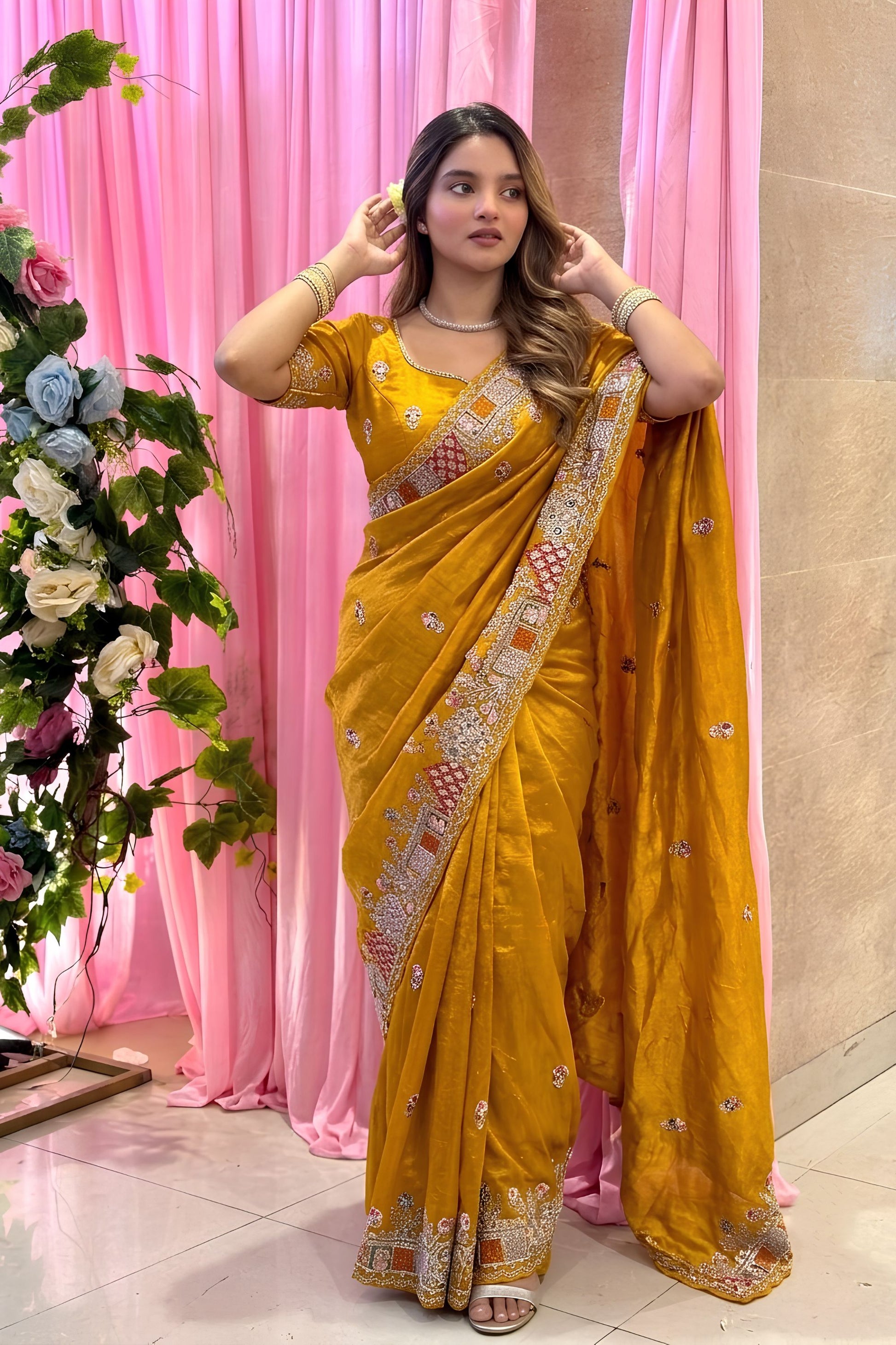 Premium Mustard Yellow Soft Tissue Silk Saree Heavy Embroidery for Women