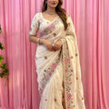 Stylish White Soft Tissue Silk Saree Embroidery Work for Women