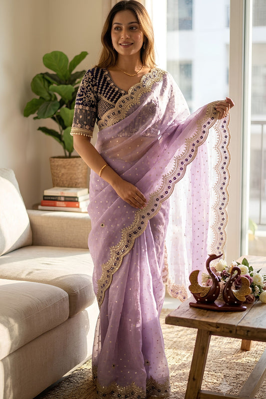 Stylish Lavender Fendy Satin Saree Zari Embroidery Work Ready Made Blouse