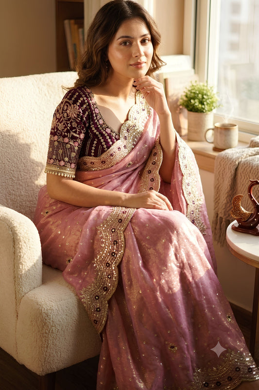 Beautiful Pink Fendy Satin Saree Sequins Zari Embroidery Work Ready Made Blouse