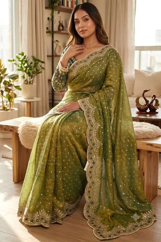 Graceful Olive Green Fendy Satin Saree Sequins Zari Embroidery Work Ready Made Blouse
