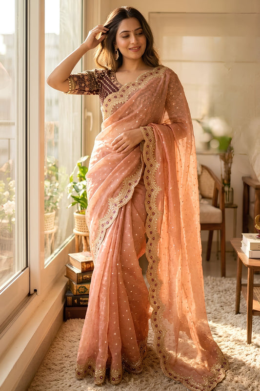 Stylish Peach Fendy Satin Saree Sequins Zari Embroidery Work Ready Made Blouse