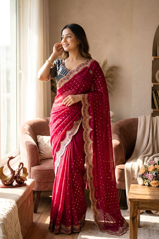 Premium Wine Fendy Satin Saree Sequins Zari Embroidery Work Ready Made Blouse