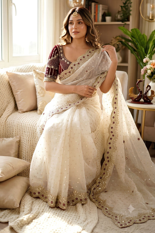 Vibrant White Fendy Satin Saree Sequins Zari Embroidery Work Ready Made Blouse