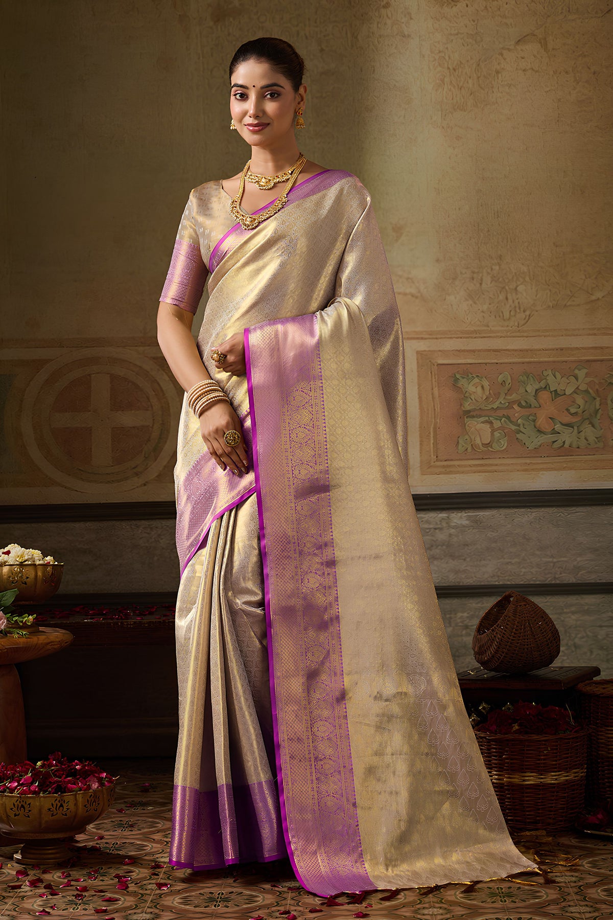 Elegant Cream Kanchivaram Silk Jacquard Work Saree for Women
