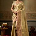 Stylish Beige Kanchivaram Silk Jacquard Work Saree for Women