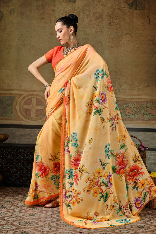 Elegant Peach Georgette Printed Work Saree for Women