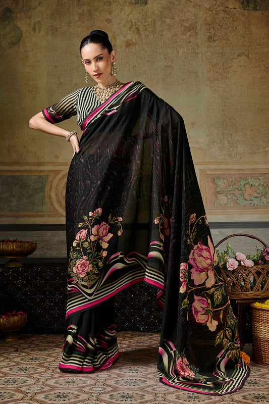 Premium Black Georgette Printed Work Saree for Women