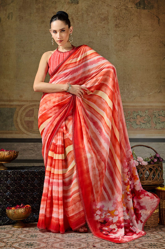 Lovely Peach Pink Georgette Printed Saree for Women