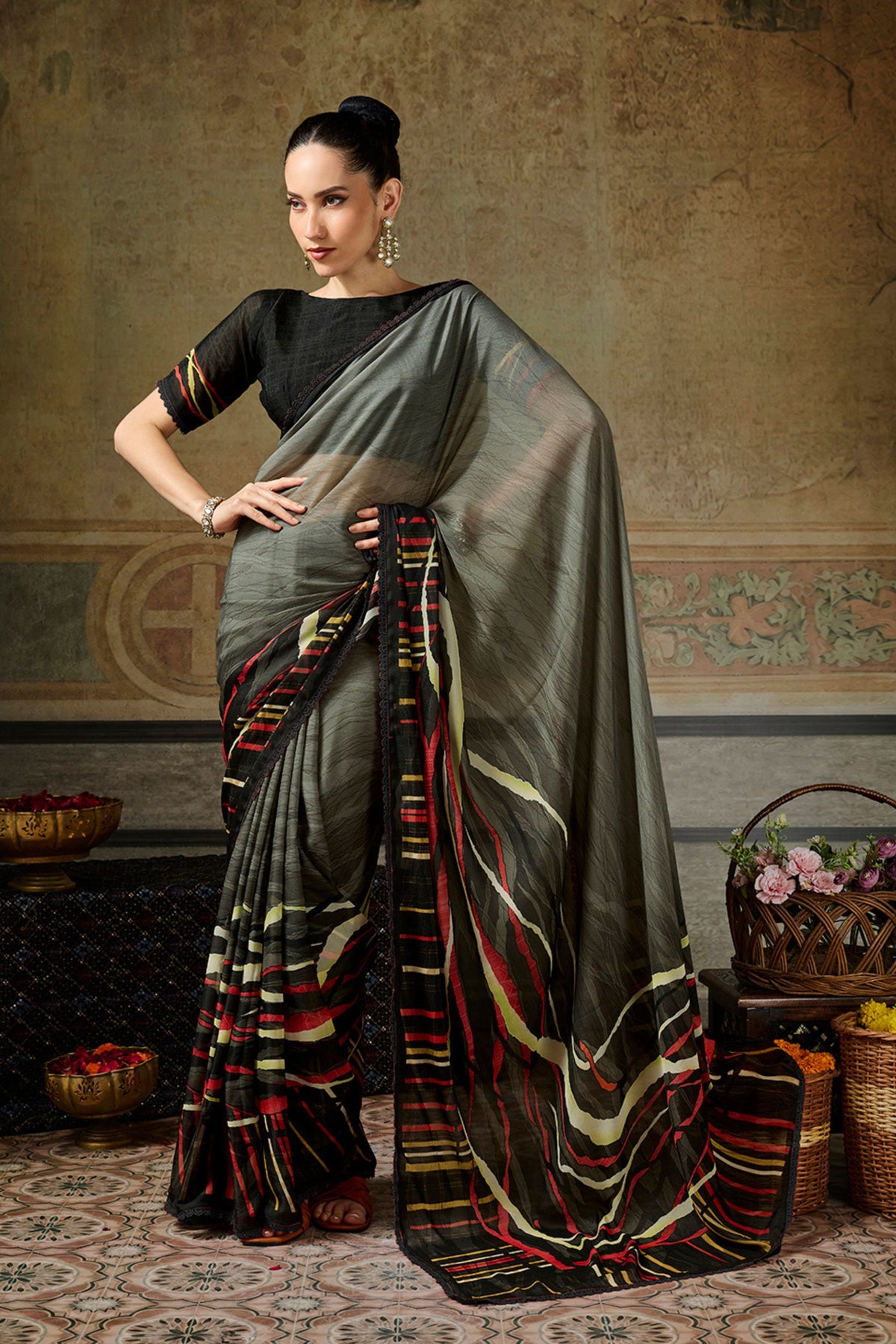 Luxury Black Georgette Printed Work Saree for Women
