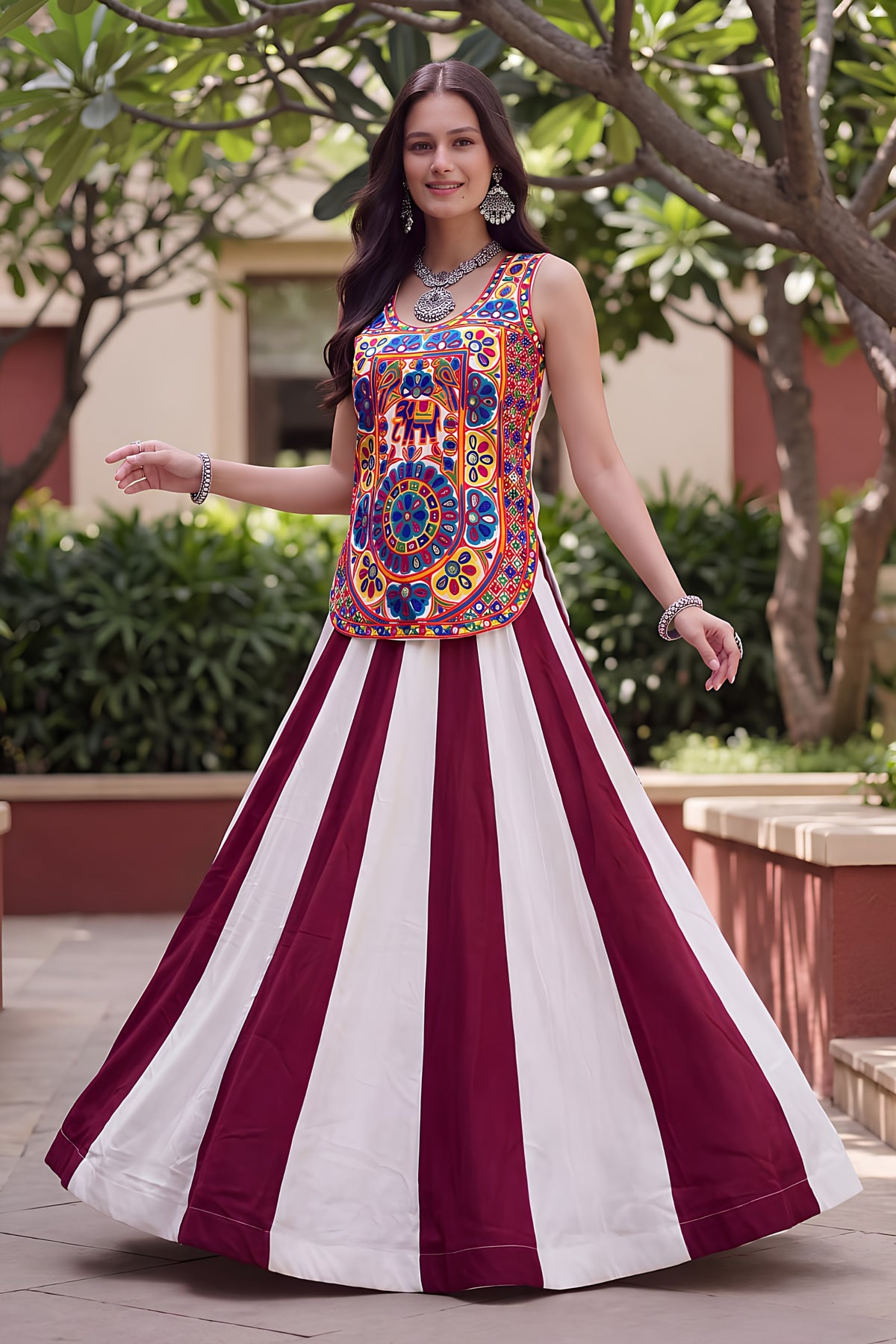 Stylish Maroon and White Rayon Embroidered Indo Western Lehenga Choli for Navratri