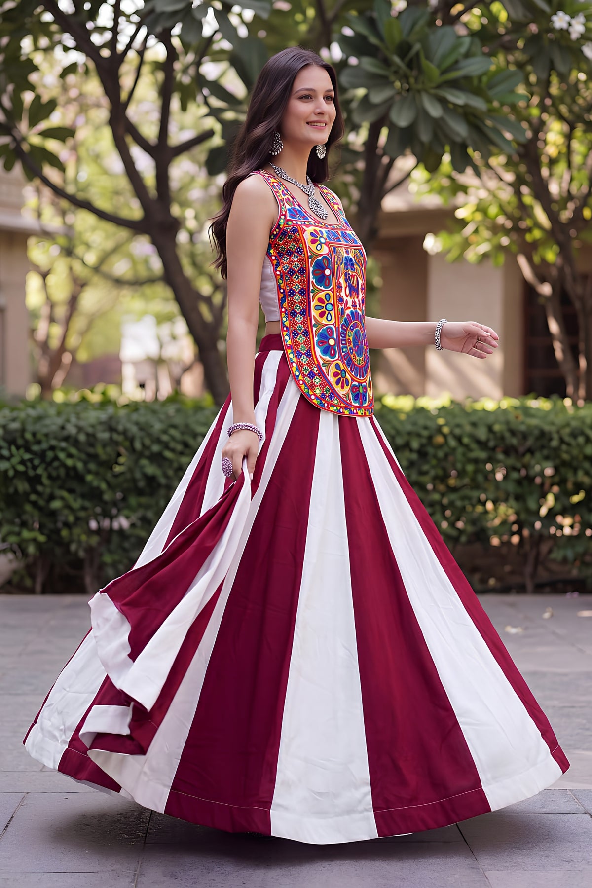 Stylish Maroon and White Rayon Embroidered Indo Western Lehenga Choli for Navratri